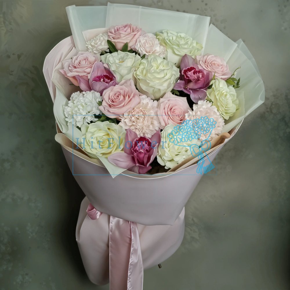 Букет цветов из: Розы, Гвоздики и Орхидеи